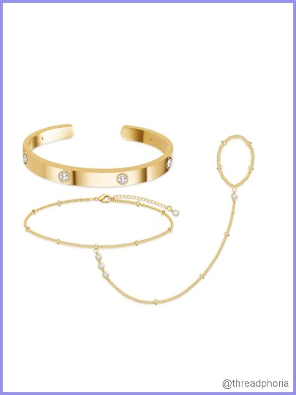 14K Gold Plated Hand Chain Bracelet Set with CZ Bangle - Adjustable